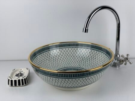 Moroccan Ceramic Sink with 14K Gold Rim – Andalusian Pattern