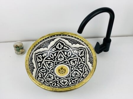 Moroccan Ceramic Sink with Brass Drain – Black and White Patterns