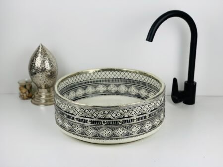 Moroccan Ceramic Sink with Metallic Patterns – Black & White