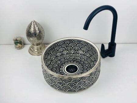 Black and White Moroccan Ceramic Vessel Sink with Silver Detailing